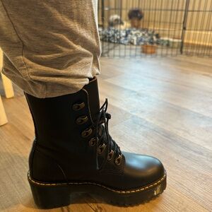 Dr. Martens Black Lace-Up Platform Boots with Yellow Stitching